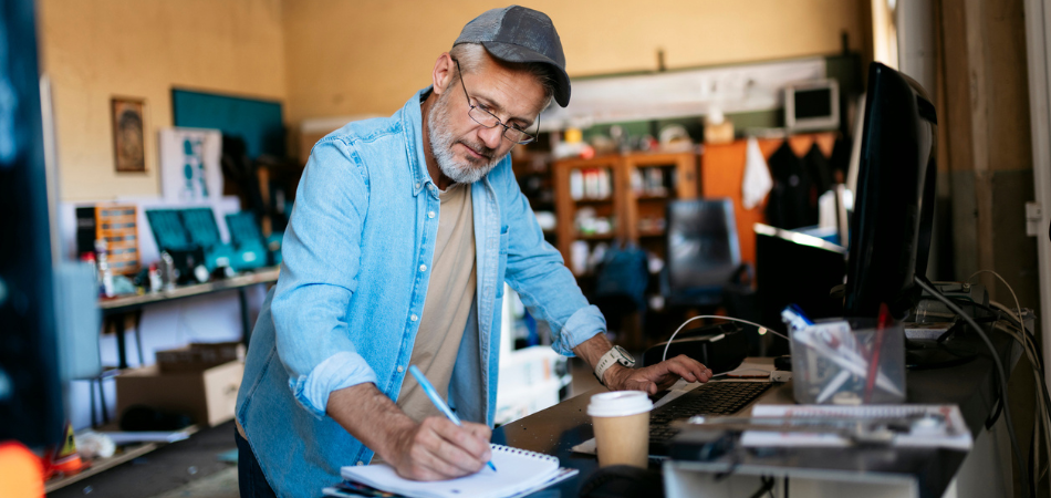 A mature man is in his workshop writing down notes and planning for 2026 business insurance trends.  