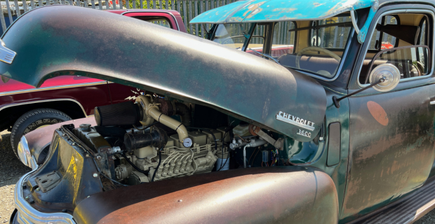 A 1950 Chevrolet 3600 showcased at Rides and Rods 2023 with a patina finish.