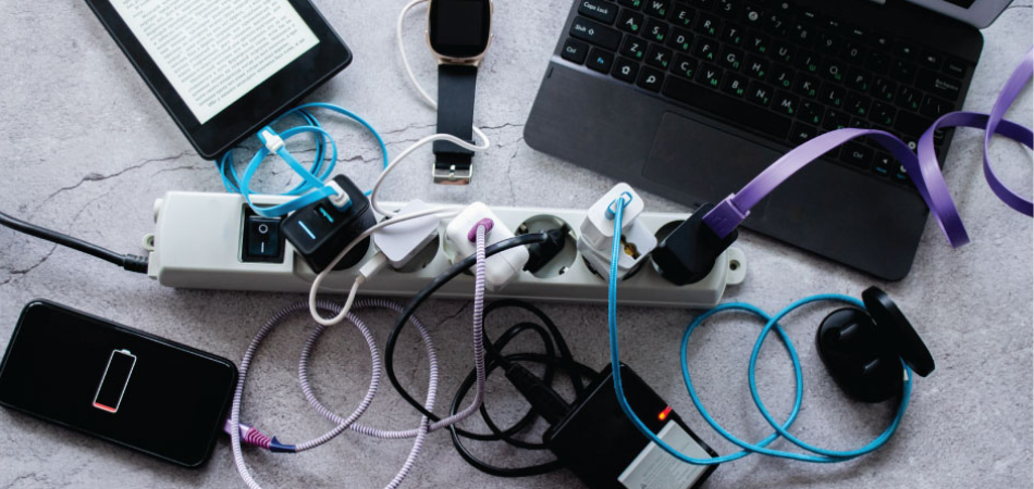 Overloaded power strip with multiple chargers and electronic devices, including smartphone, tablet, smartwatch, and laptop.