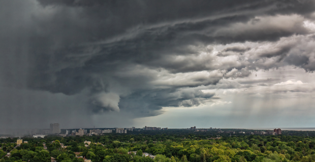 Dark storm clouds over east Toronto in the summer sky.