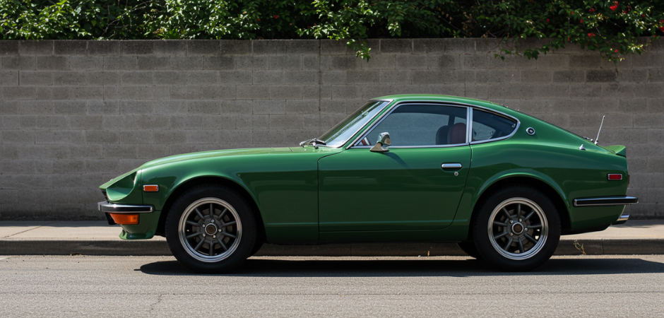 A classic green Datsun 240Z sports car parked on a street, viewed from the side profile.