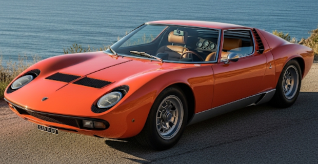 An orange Lamborghini Miura parked on a road by the seaside.