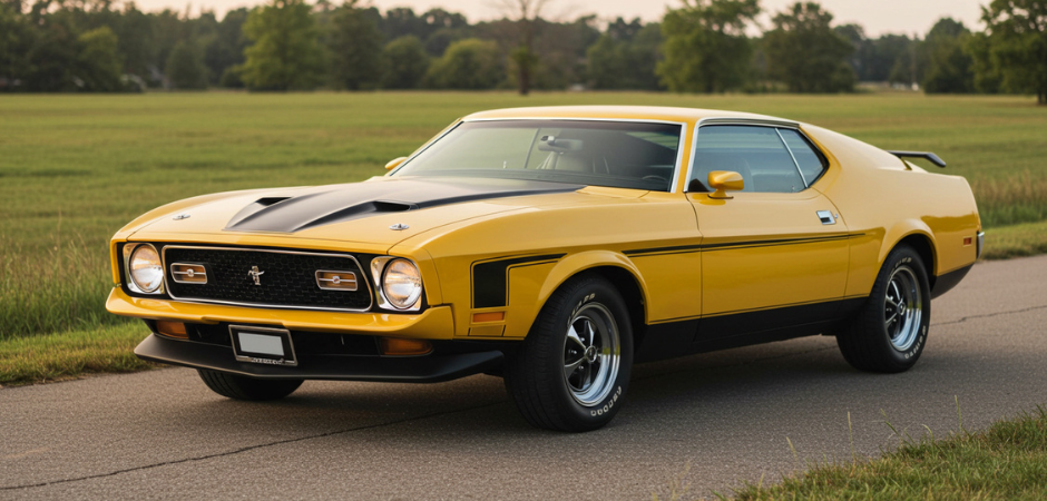 Side view of a yellow classic Ford Mustang Mach 1 on a side road.