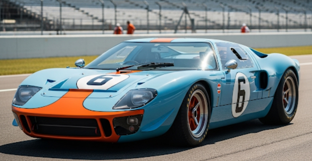 A blue and orange Ford GTO parked on a race track.